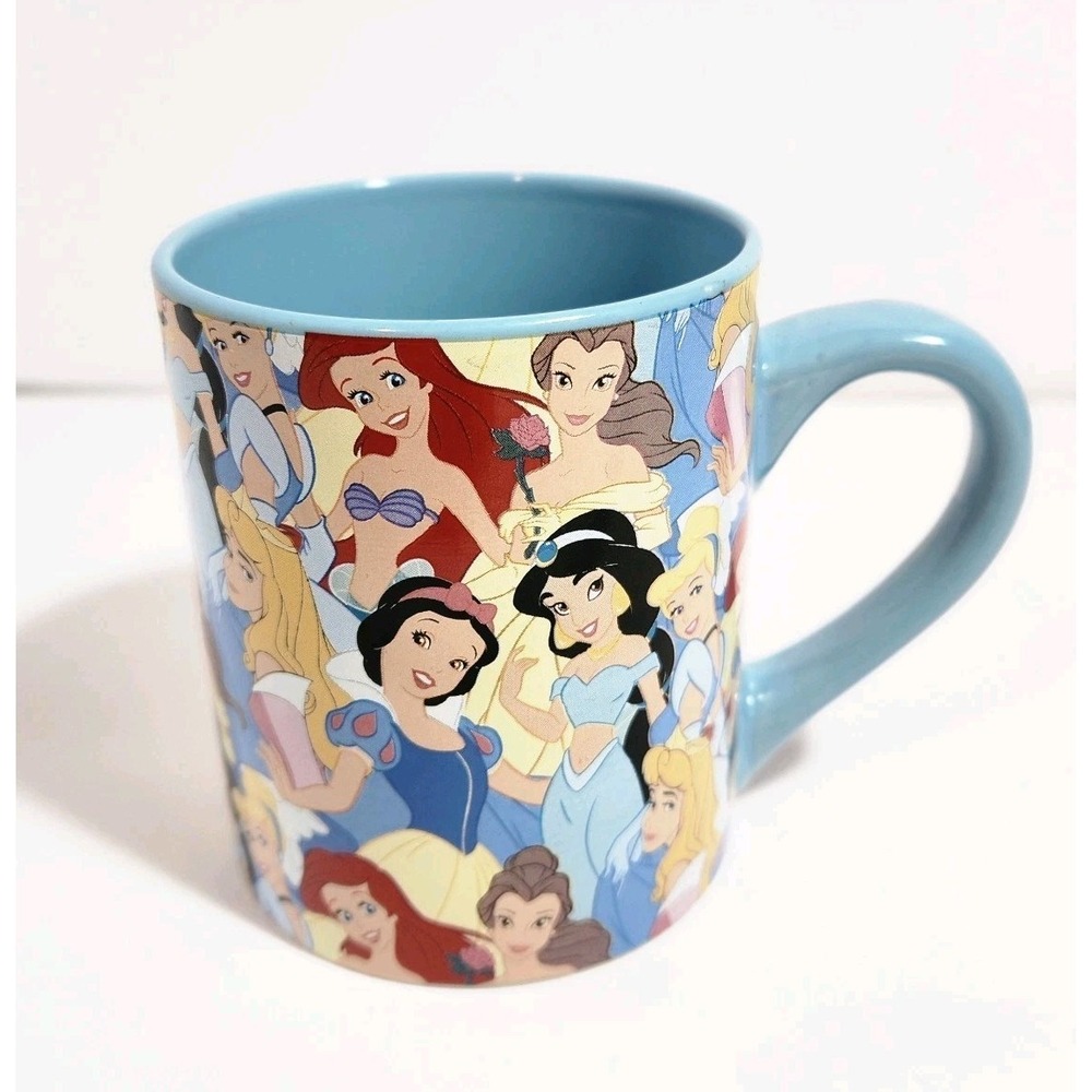 Disney Princess Ariel Bell Snow White Jasmine Aurora Cinderella Blue Coffee Mug